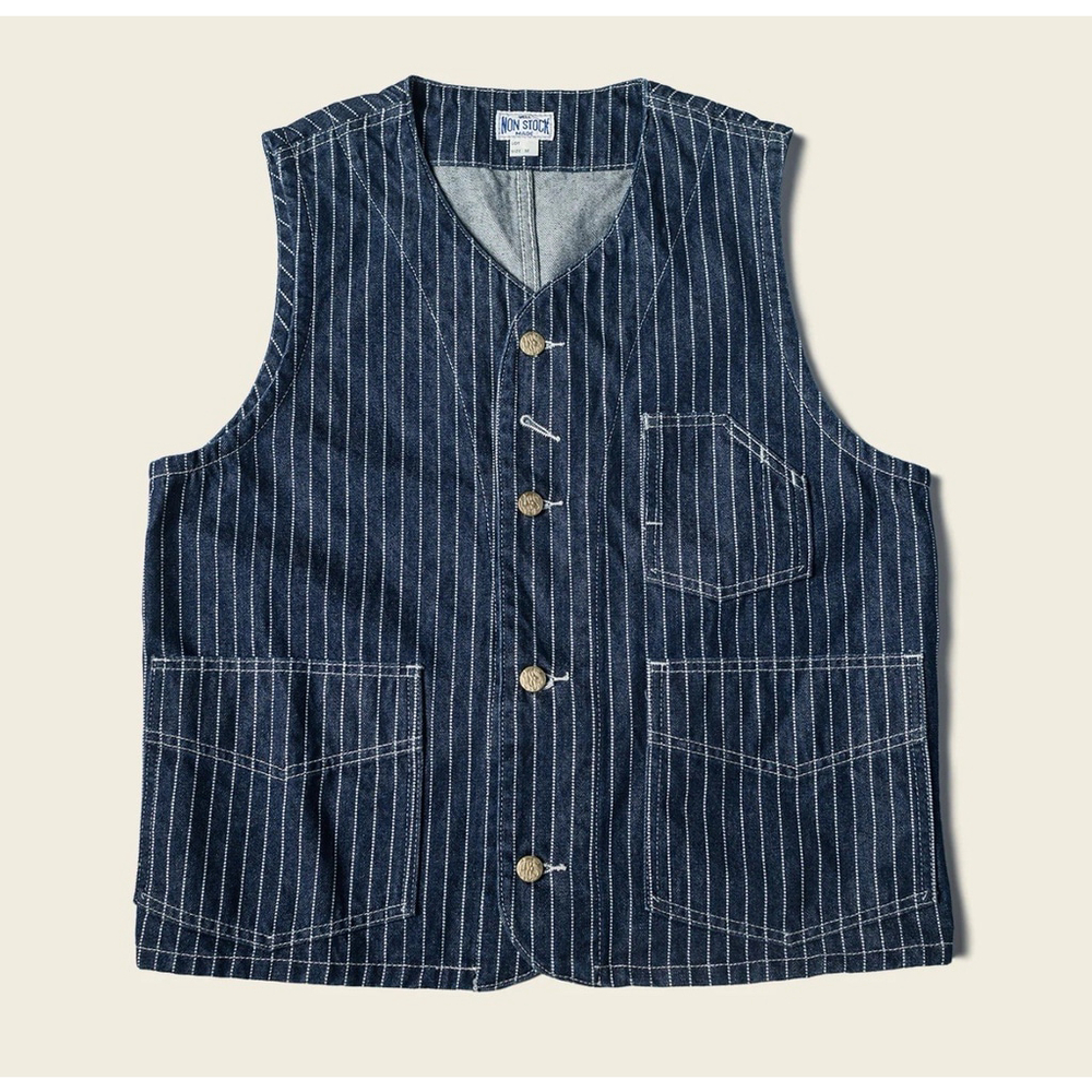 Non Stock Retro Amekaji Men's Wabash Stripe Vest Railroad Work Denim Waistcoats - Picture 10 of 16